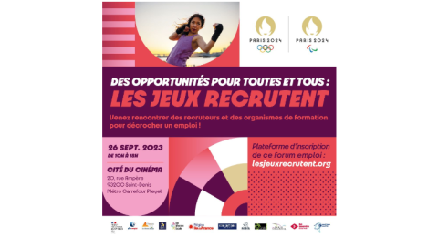 Des opportunités pour toutes et tous : Les jeux recrutent - le 26 septembre 2023 (affiche publicitaire complexe)